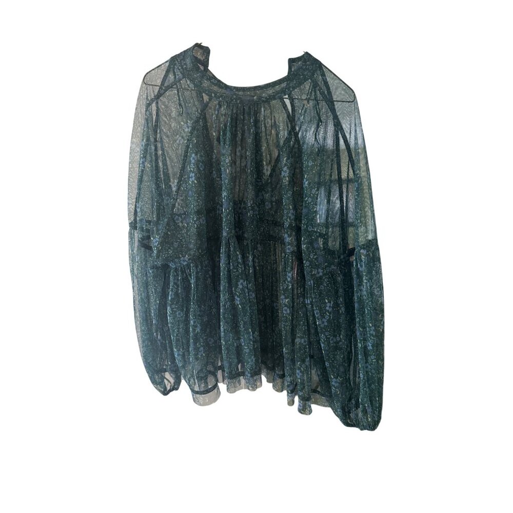 Free People Sheer Floral Blouse SP Green Long Sleeve Back Tie Oversized Boho